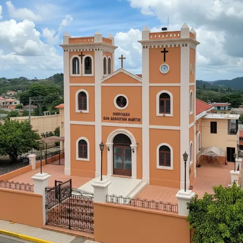 Iglesia moderna de fachada naranja con dos torres