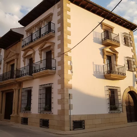 Casa señorial blanca con balcones de hierro