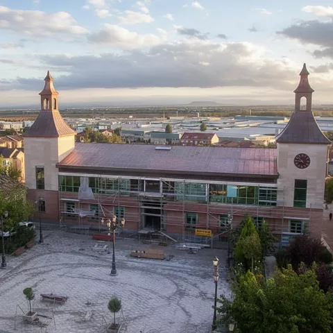 ista aérea de una plaza de pueblo con un edificio moderno en construcción que tiene dos torres simétricas con chapiteles.
