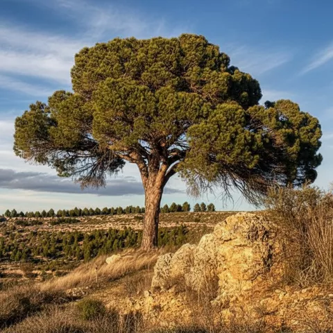 Árbol solitario sobre colina rocosa al atardecer