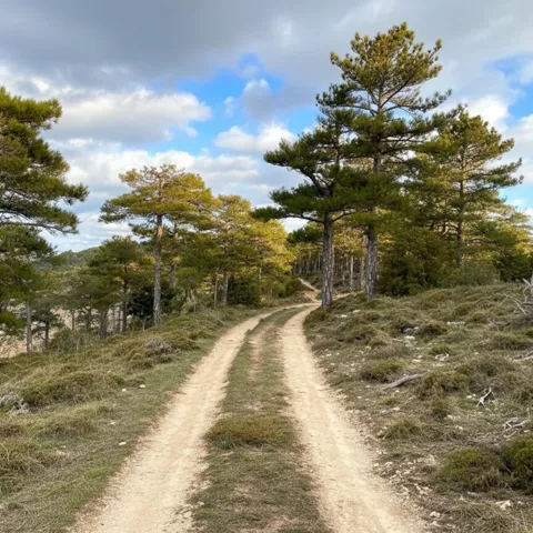 Pista forestal entre pinos y colinas