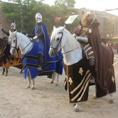 Caballeros a caballo con armaduras y capas