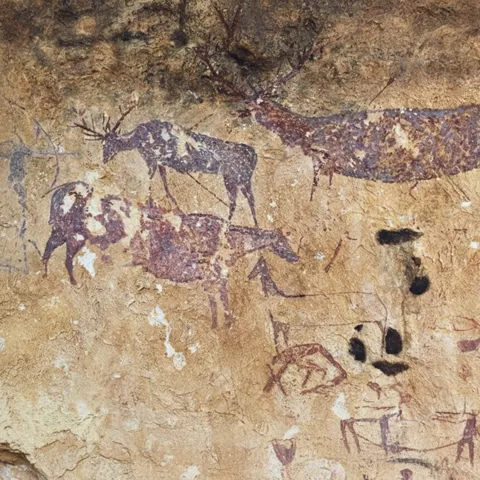 Panel rupestre con varios animales y figuras humanas esquemáticas.