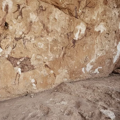 Vista amplia de pared de abrigo con varias figuras rupestres desvaídas.