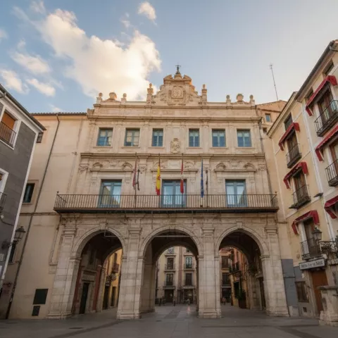 Vista frontal de edificio histórico con triple arcada