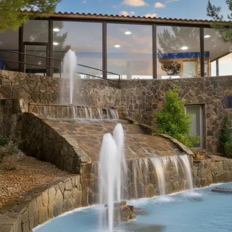 Zona de agua con cascada y chorros, junto a un edificio de piedra con grandes ventanales.