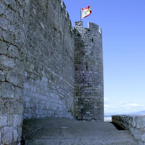 Torre almenada con bandera sobre el muro.
