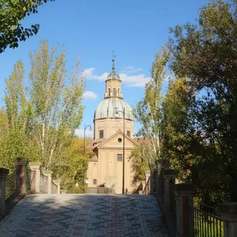 Camino empedrado entre árboles que conduce a un templo con cúpula bajo cielo azul.