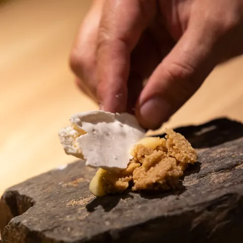 Montaje de bocado sobre base de piedra rústica