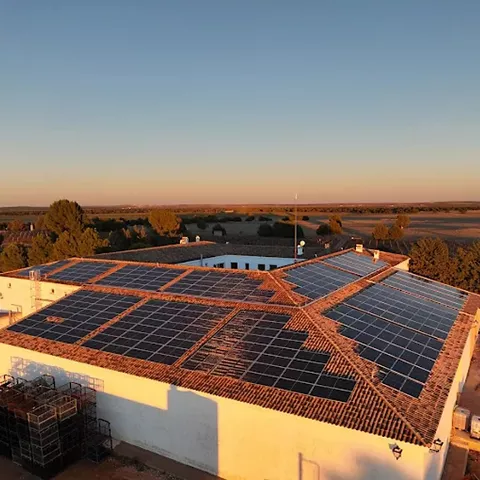 Edificio agrícola con paneles solares rodeado de campos al atardecer.
