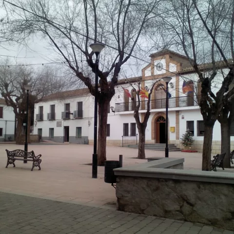 Plaza arbolada con bancos y edificios blancos