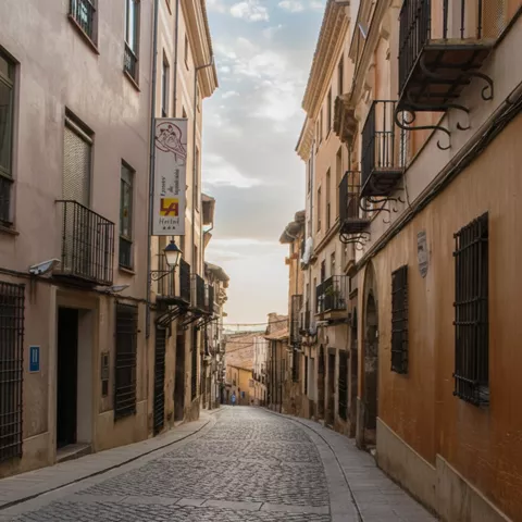 Calle empedrada con balcones y faroles clásicos