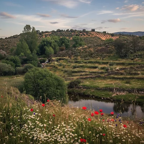 Paisaje natural con arroyo, colinas y vegetación silvestre