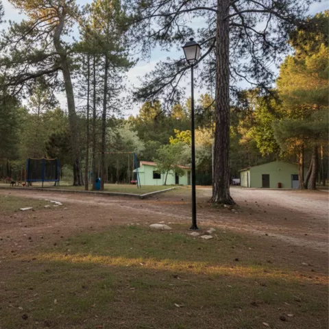 Área recreativa forestal con juegos y edificaciones
