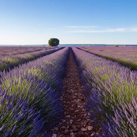 Filas de lavanda en flor bajo cielo despejado con un árbol al fondo.