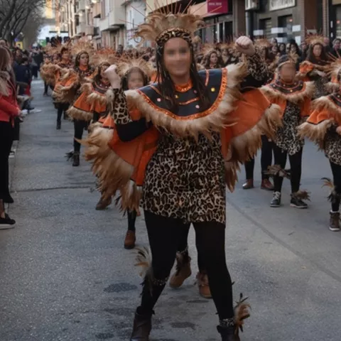 Comparsa con trajes de estampado animal y plumas avanzando por avenida urbana.