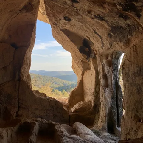 Interior de cueva con abertura hacia un paisaje de colinas y cielo azul.