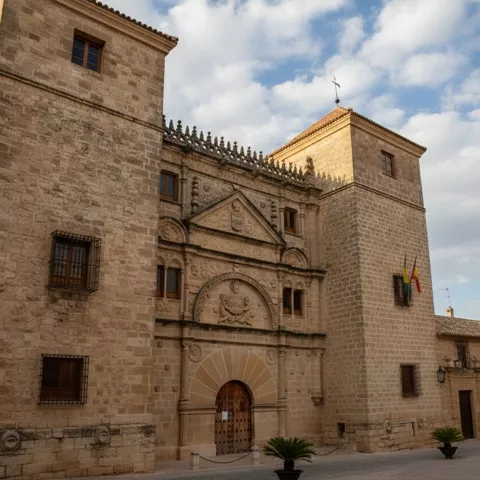 Fachada palaciega de piedra con dos torres y entrada principal