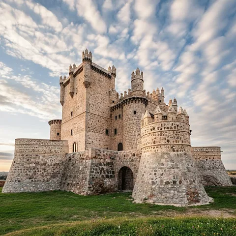 Fortaleza medieval al atardecer con cielo parcialmente nublado.