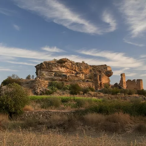 Restos de murallas y torres en una colina, con matorral y cielo despejado.