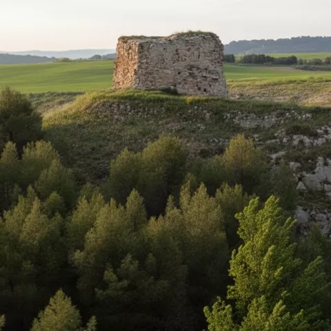 Restos de muralla sobre acantilado con bosque.