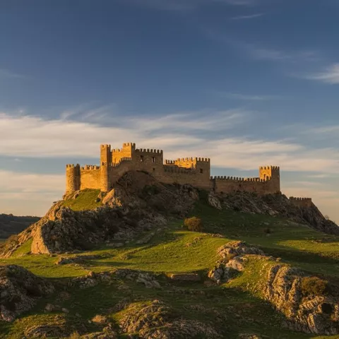 Castillo iluminado al atardecer sobre colina ondulada.