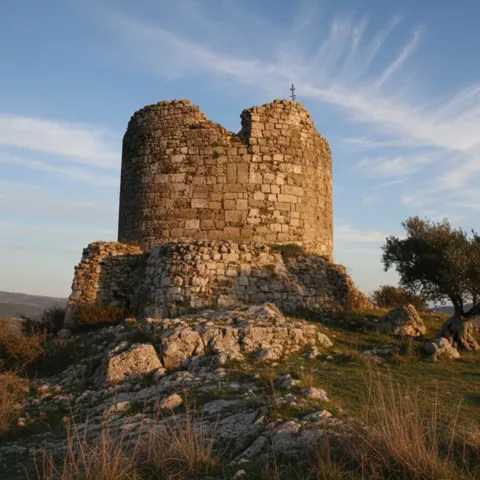 Torre circular en ruinas sobre colina rocosa.