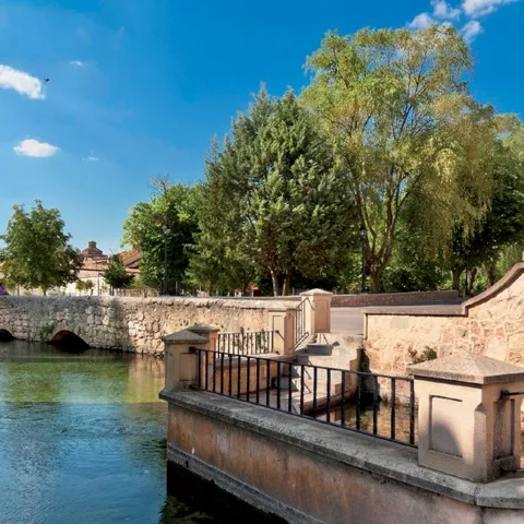 Puente de piedra sobre río.
