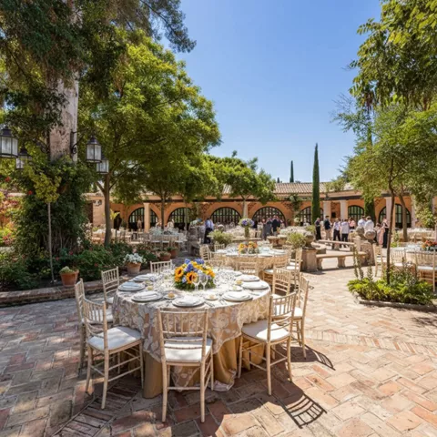 Patio ajardinado para evento con mesas redondas y flores centrales.