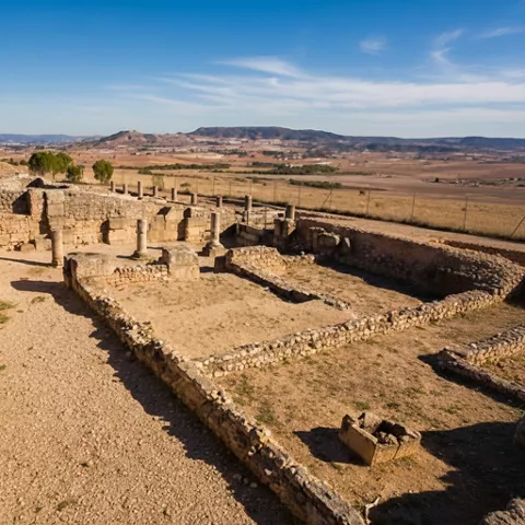 Patio excavado con columnas y paisaje rural