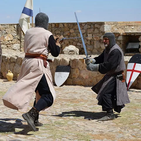Recreación de combate medieval con espadas y escudos en un recinto amurallado.
