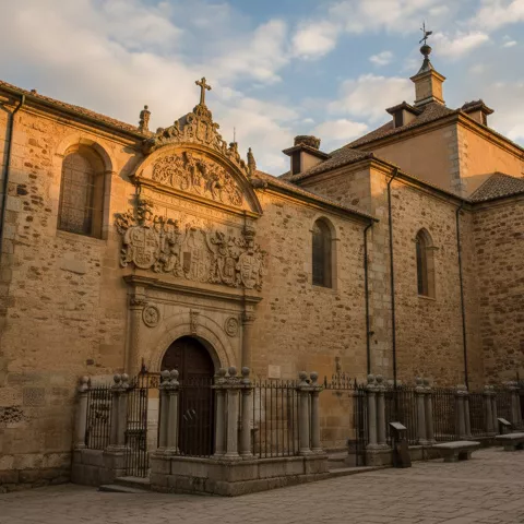 Iglesia de piedra con portada barroca decorada y reja metálica frontal.