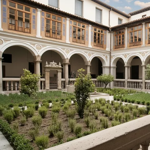 Galería porticada con vistas a un patio ajardinado