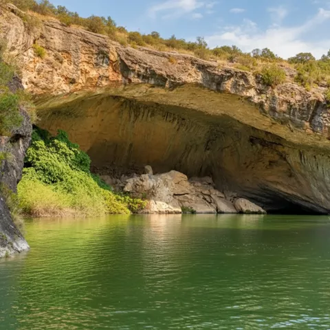 Refugio natural de roca sobre aguas verdes