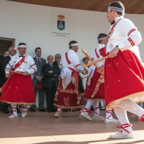 Danzantes con vestimenta blanca y roja actuando ante público.