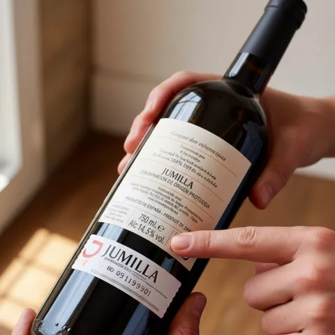 Manos sosteniendo una botella de vino mientras un dedo señala la etiqueta.