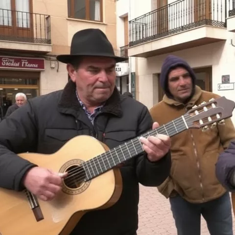 Dos hombres tocando guitarras en una plaza con espectadores detrás.