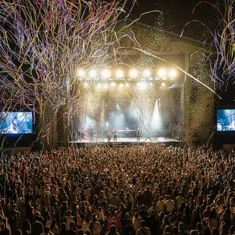 Escenario con luces y confeti sobre una gran multitud en concierto nocturno.