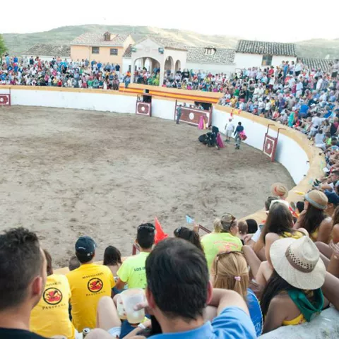 Festejo taurino popular con público en plaza durante fiestas