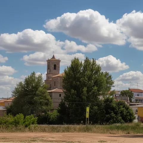 Vista del casco urbano entre árboles y campo abierto