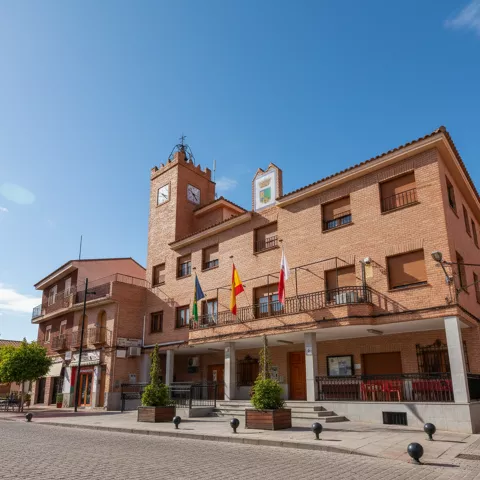 Ayuntamiento de ladrillo con reloj y banderas en la fachada