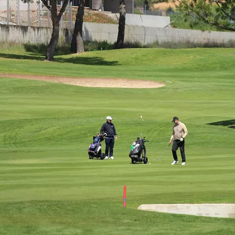 Pradera de golf con cielo despejado y árboles