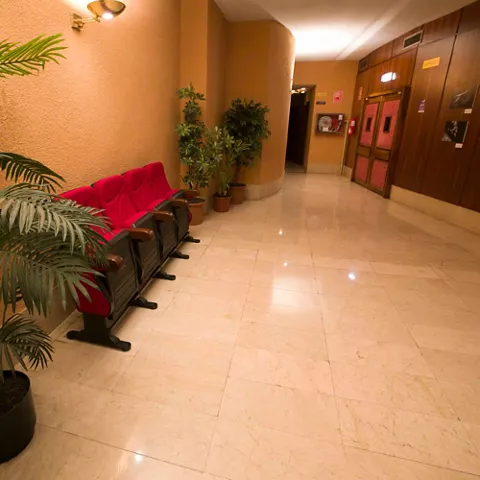Pasillo interior con asientos, plantas decorativas y puertas de acceso.