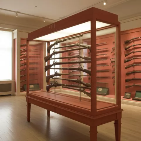 Sala de exposición con vitrinas y armas largas alineadas en paredes rojas.