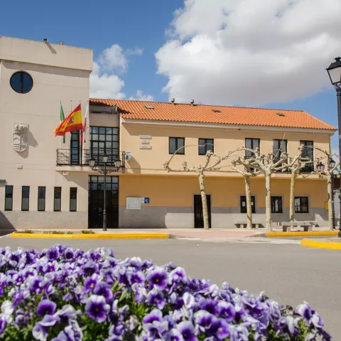 Edificio consistorial con flores en primer plano