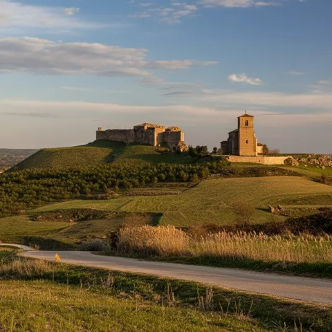 Panorámica de colina con fortaleza y torre rodeadas de campos