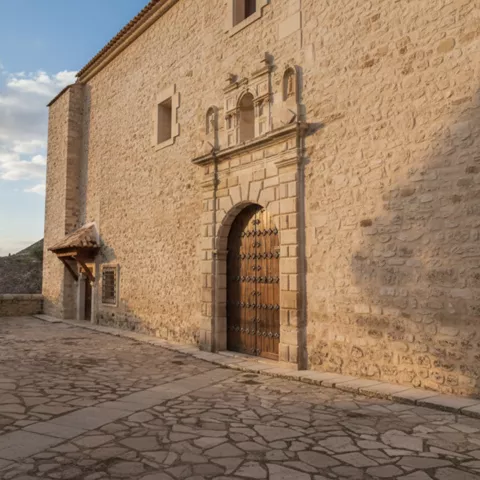 Portada de piedra con arco y puerta de madera.