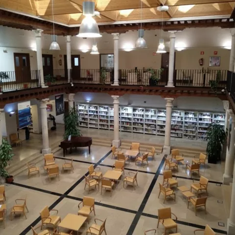 Sala de lectura en patio porticado con columnas.
