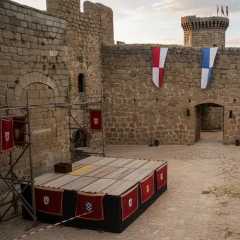 Escenario montado en patio amurallado con banderines y estandartes.