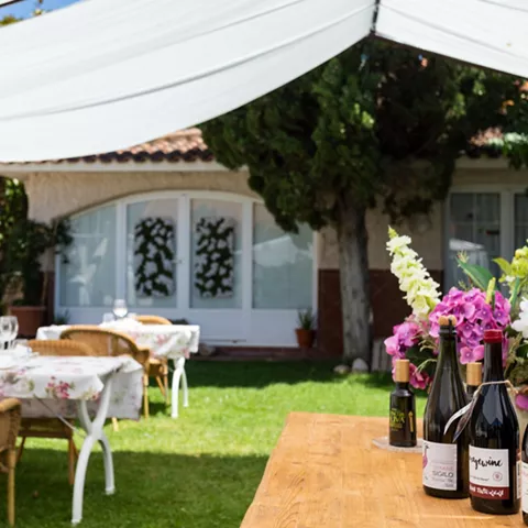Terraza ajardinada con mesas y vinos